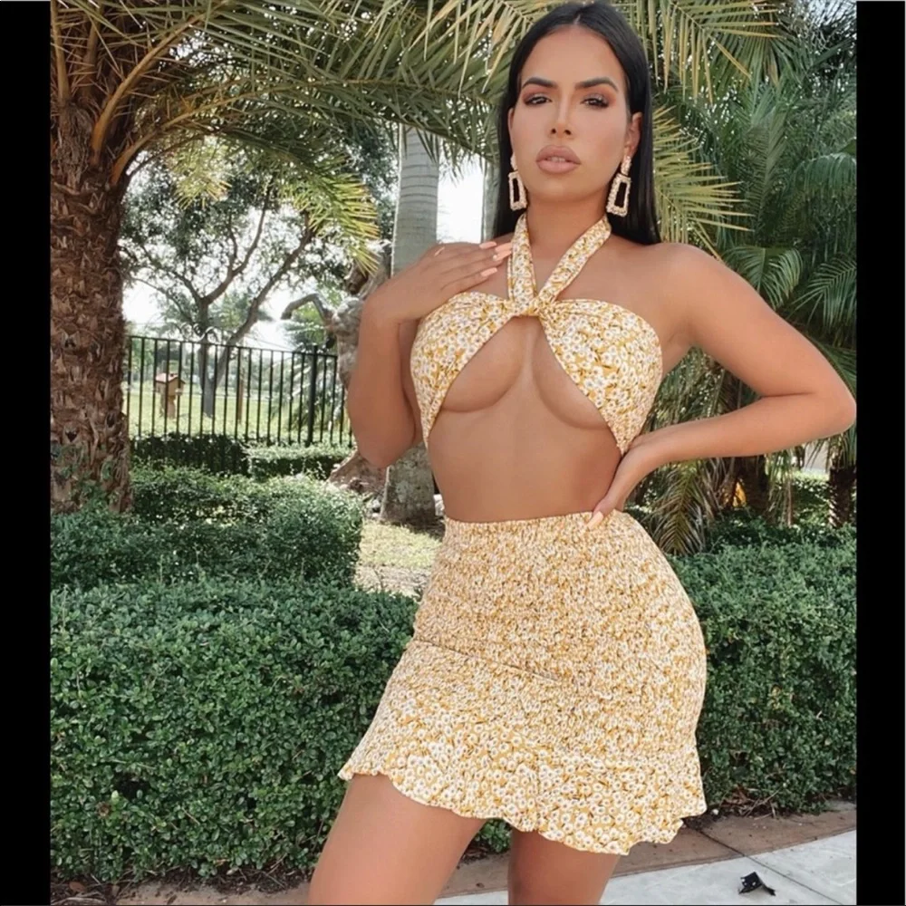 Two Piece Yellow Floral Skirt Set - Picture 1 of 7